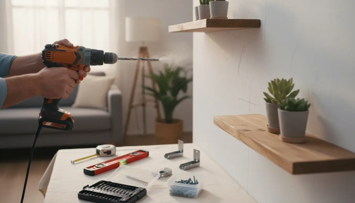 Nærbillede af hænder, der bruger en slagboremaskine til at montere to hylder med beslag, skruer og rawlplugs i forgrunden.
