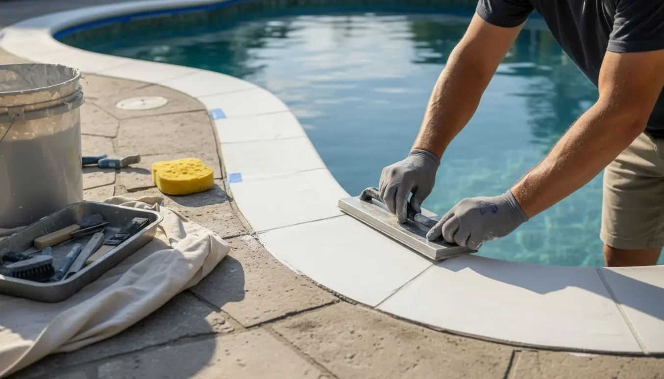Poolkant under renovering med frisk hvid puds og arbejderhænder ved en blå baghavepool.