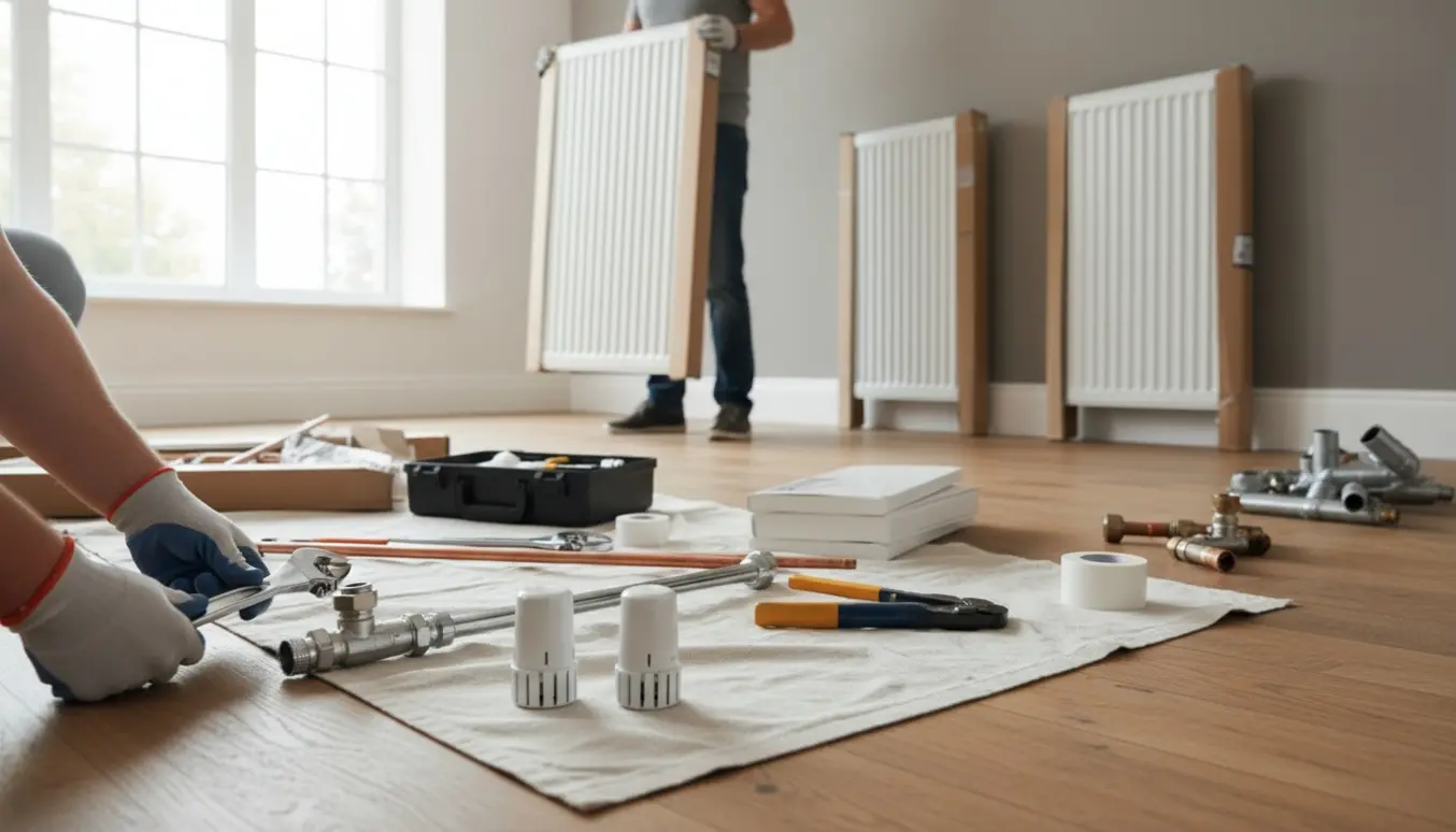 Udskiftning af radiatorer i en lys stue med værktøj, rør og to personer, der løfter en stor radiator.