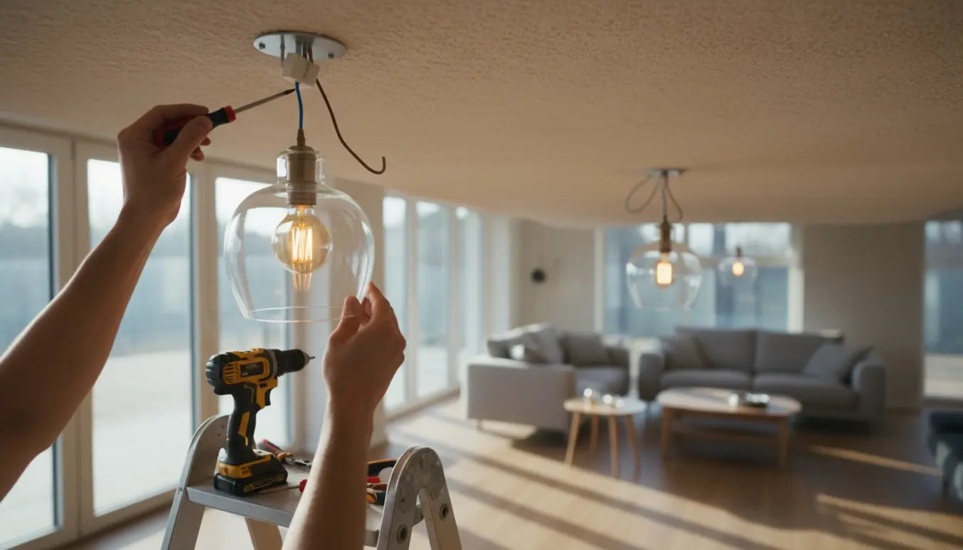 En person på en stige monterer to loftlamper i en lys, moderne stue med værktøj synligt.