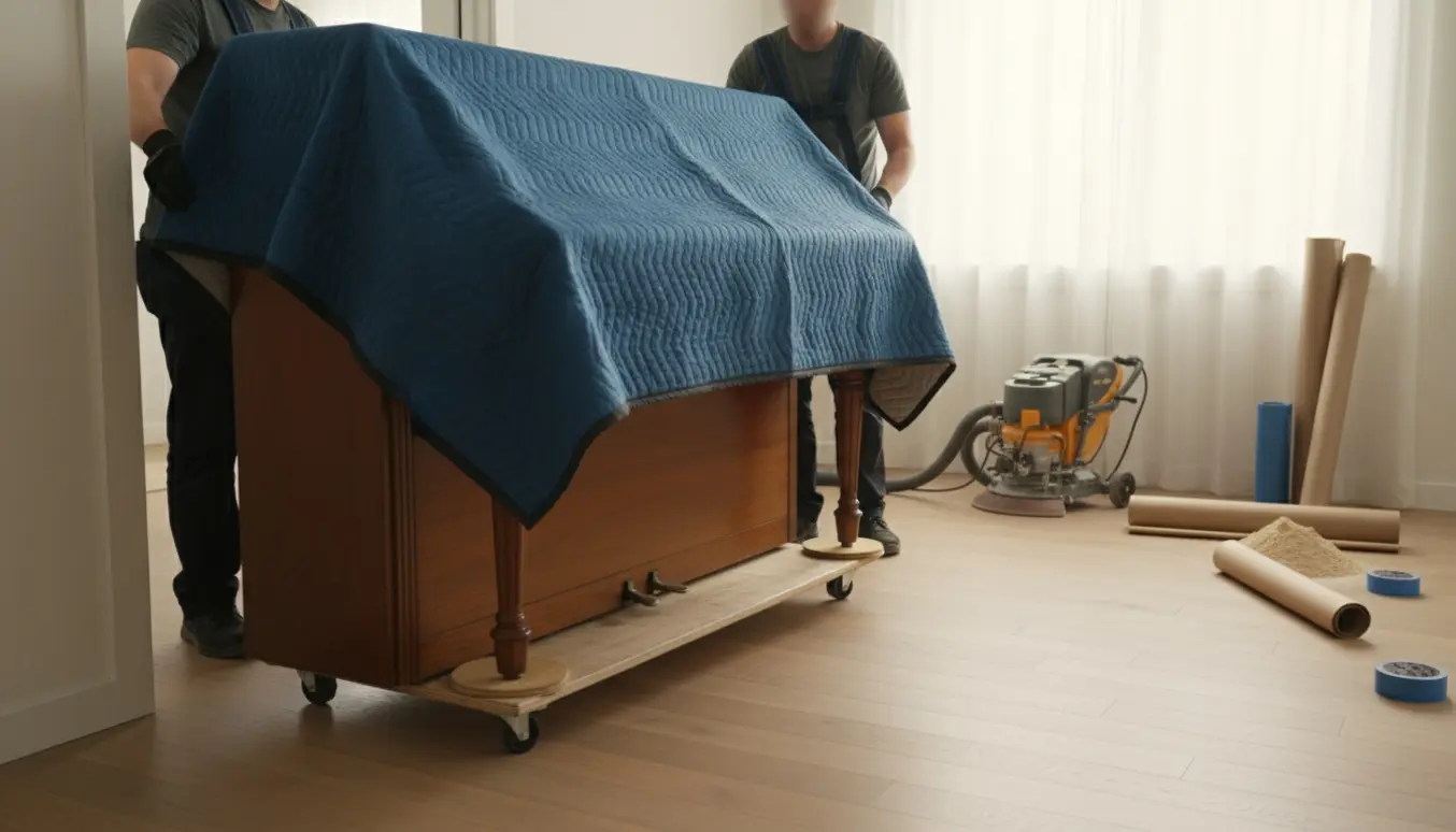 Et tungt klaver flyttes gennem en døråbning med flyttetæpper, remme og en flyttevogn som forberedelse til gulvslibning.
