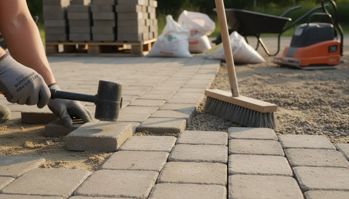 Hænder og værktøj omlægger herregårdssten på en opkørsel med stakke af sten og sække med sand i baggrunden.