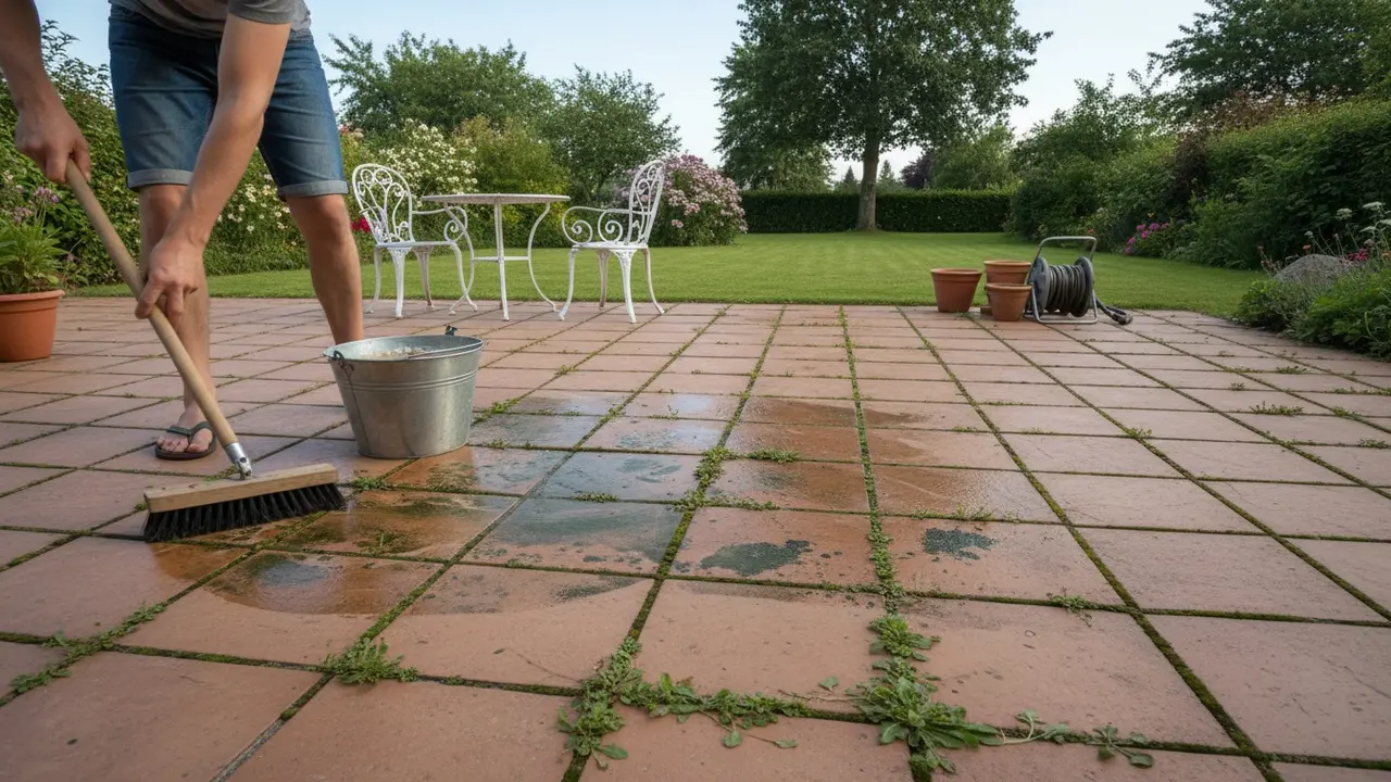 Havefliser med alger, flisepest og ukrudt mens en person skrubber dem