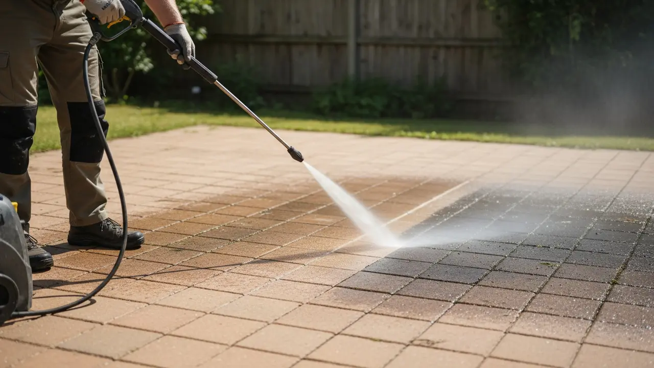 Højtryksrenser der rengør fliser med tydelig forskel mellem ren og snavset overflade