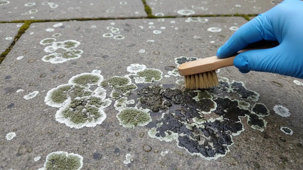 Nærbillede af flisepest på terrasseflise med runde blomsterlignende pletter