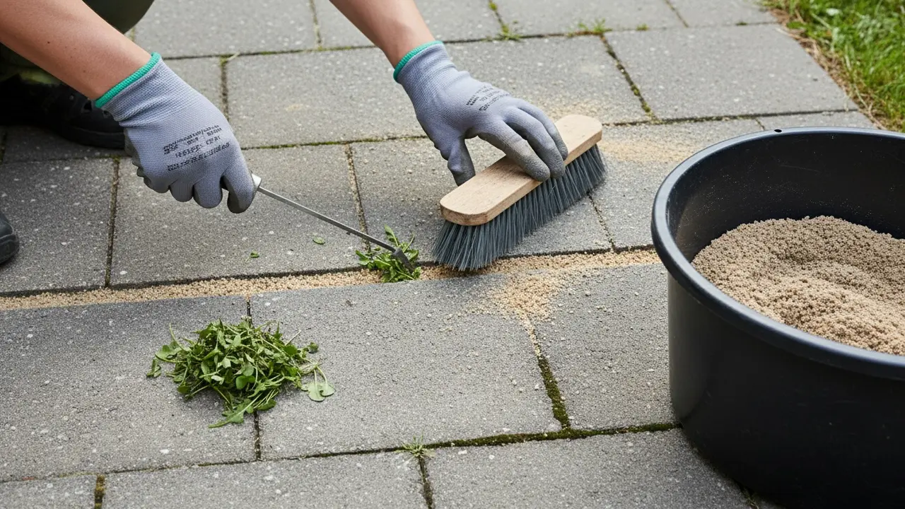 Fjernelse af ukrudt mellem fliser med ukrudtskniv og opfejning af sand i fugerne