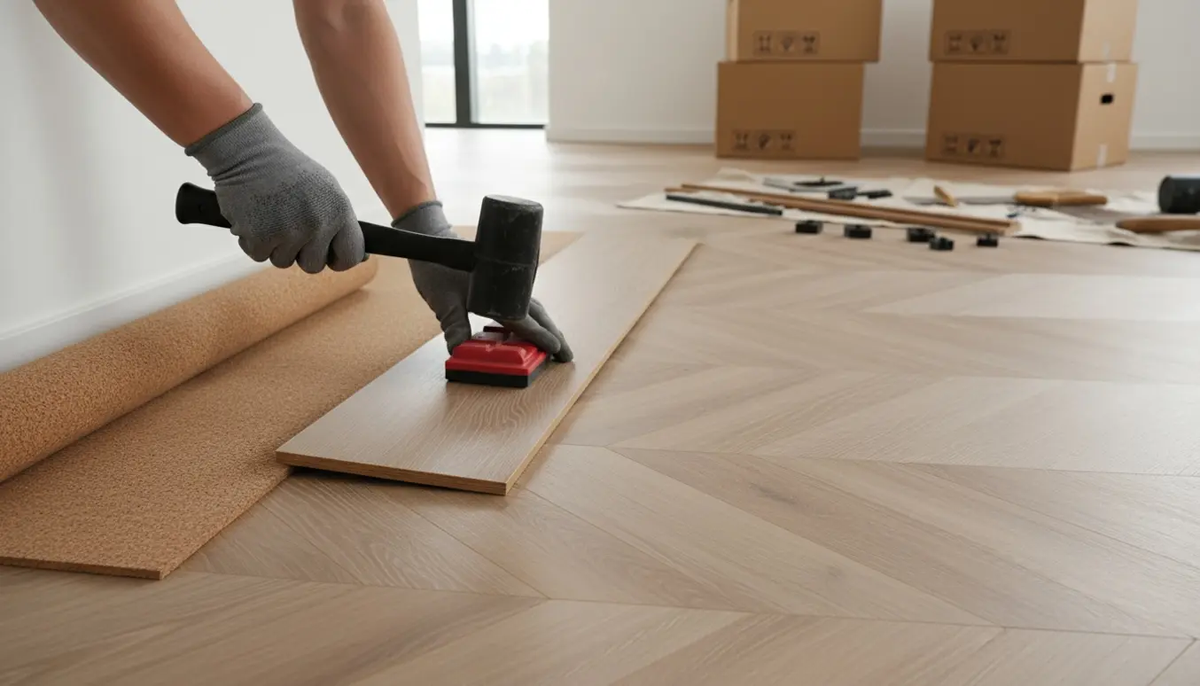 Hænder lægger klik-sildebenslaminat i et lyst rum med synlig korkunderlag langs væggen.