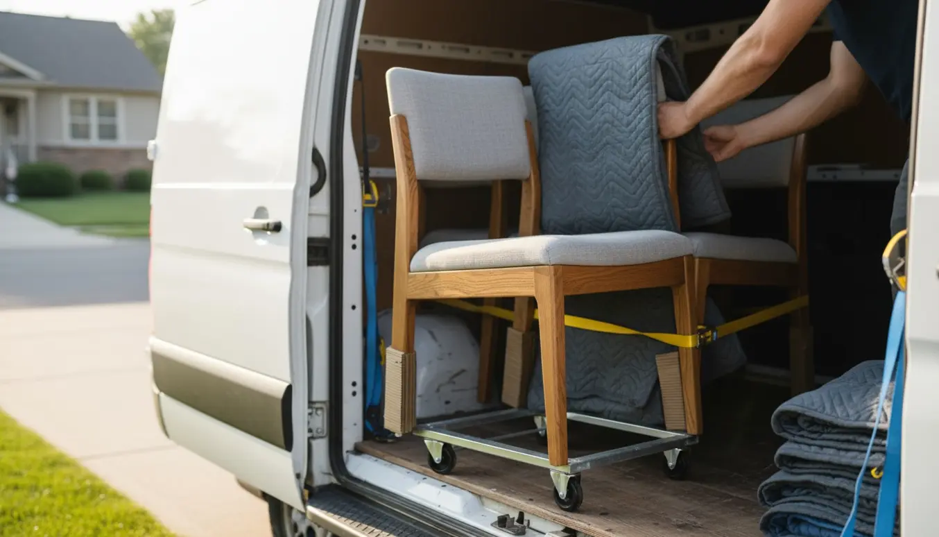 Seks egetræsspisebordsstole med polstrede sæder læsses i en varevogn.