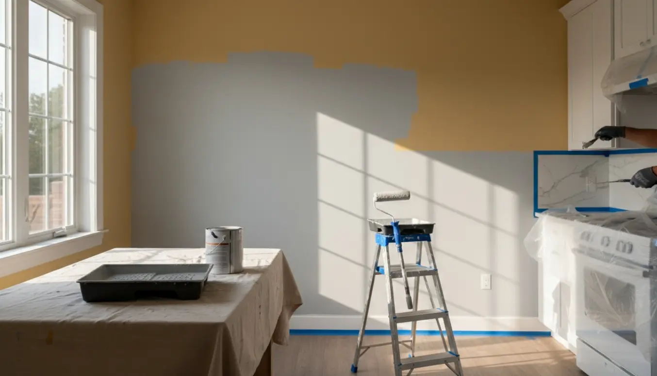 Køkkenvæg under maling, halv gul og halv lysegrå med malerudstyr og afdækning.