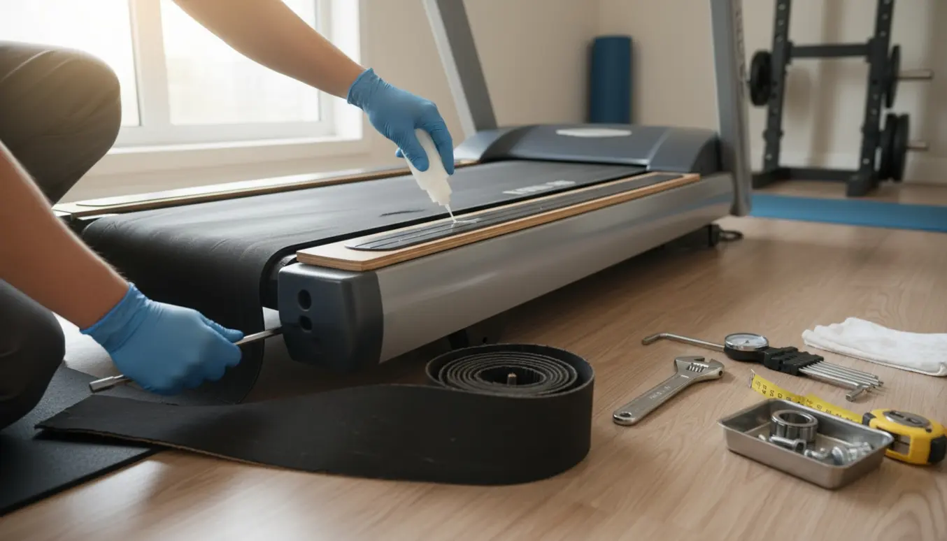 Tekniker udskifter og smører løbebåndet med værktøj og reservedele ved siden af.