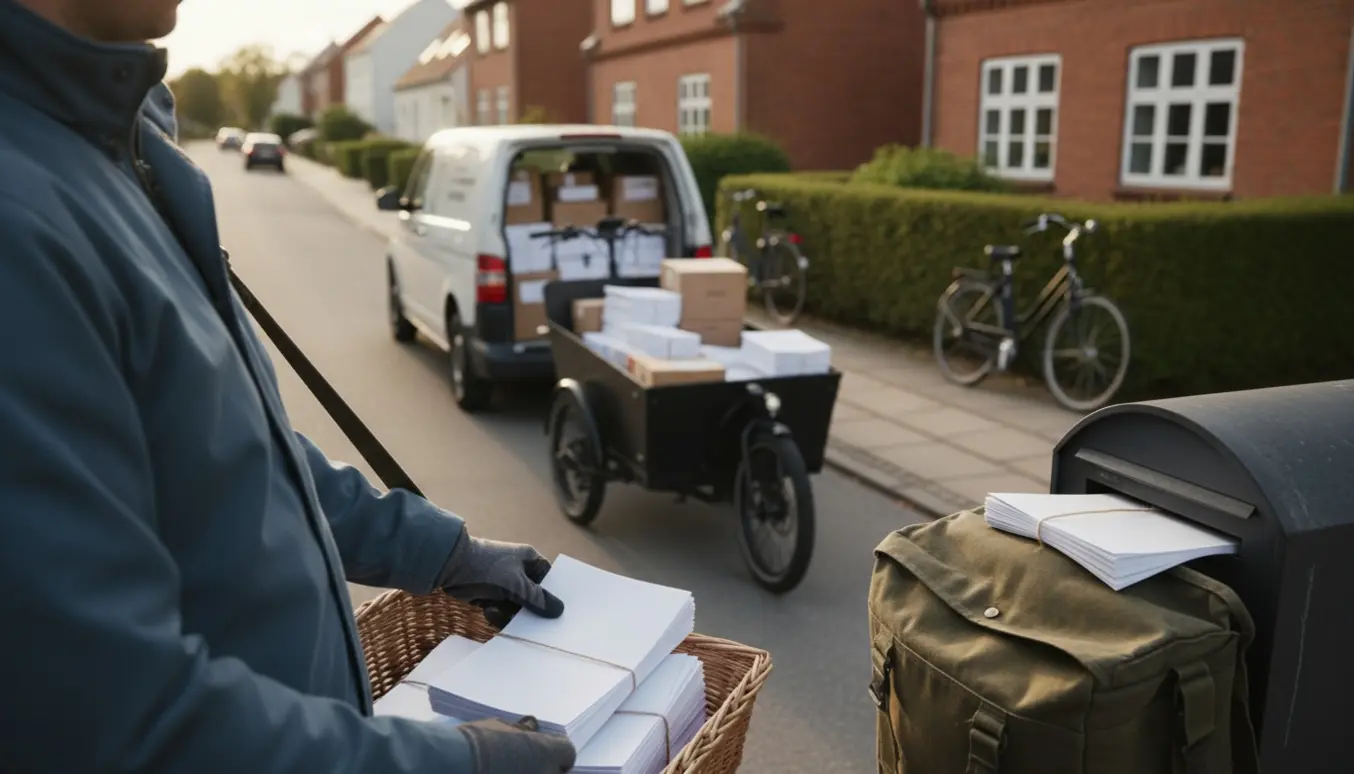 En person sætter flyers i en postkasse foran røde murstenshuse i Ikast med stakke af flyers i en cykelkurv.