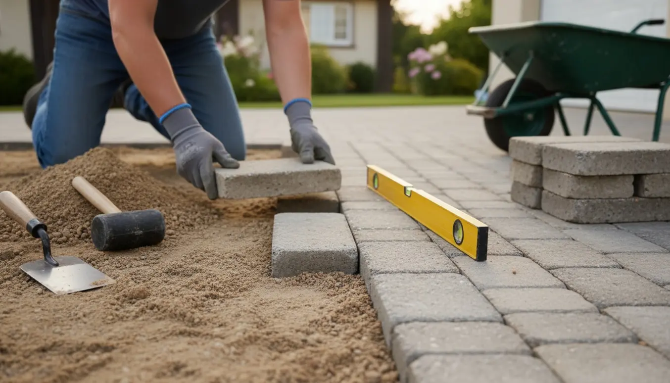 Nærbillede af genlægning af SF-sten på en indkørsel med håndværktøj og genbrugte fliser.