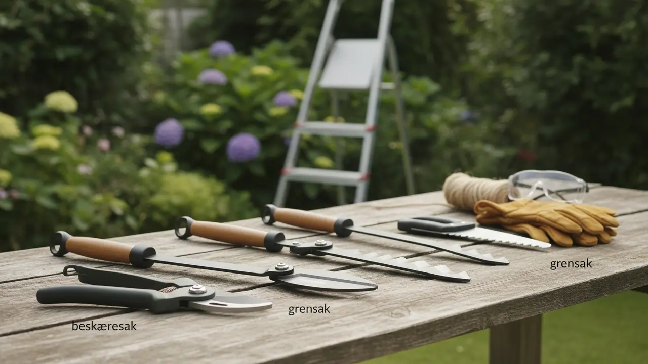 Beskæringsværktøj på bord: beskæresaks, grensaks, hækkesaks, sav, handsker og beskyttelsesbriller