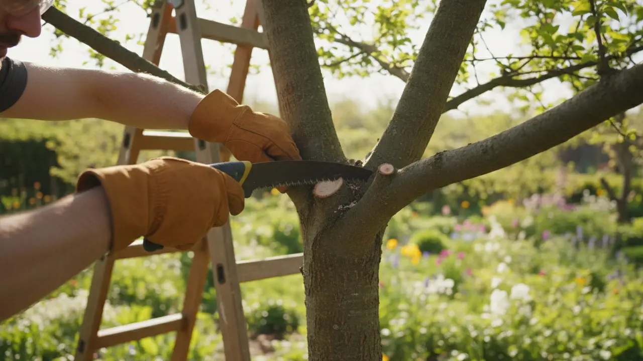Nærbillede af korrekt beskæring: ren snit ved grenkrave på træ med handsker og briller