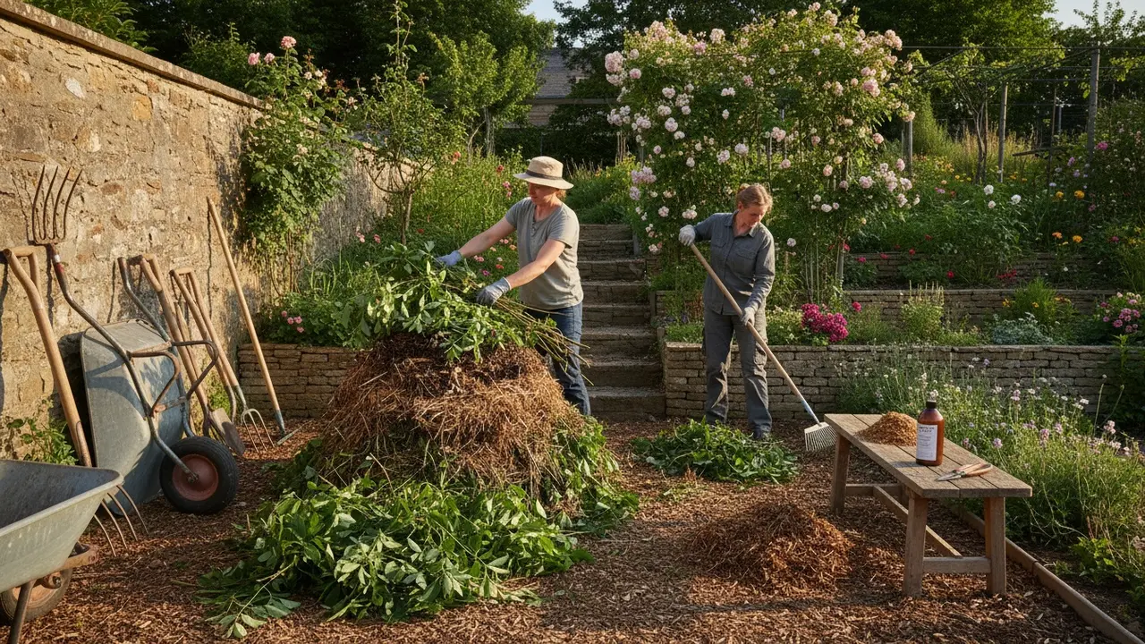 Oprydning efter beskæring: grene i kompost, ryddet værktøj og woodchips ved siden af