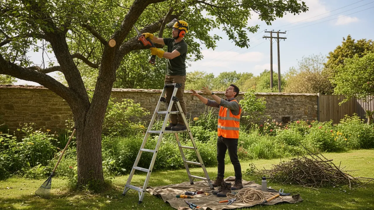Sikker beskæring: person på stabil stige med hjelm, handsker og briller, spotter ved siden af