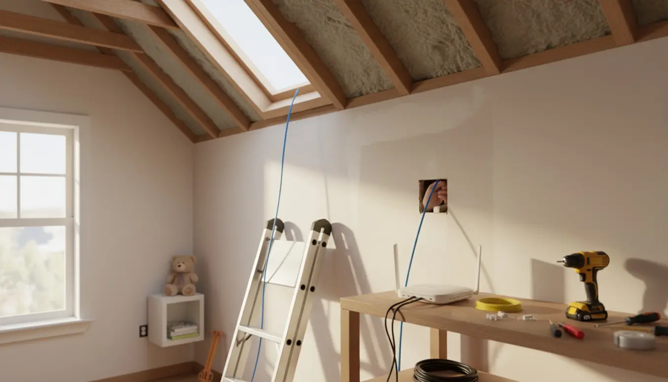 Hænder trækker et blåt Ethernet-kabel fra loftet ned i en åben vægboks med værktøj og stige i nærheden.