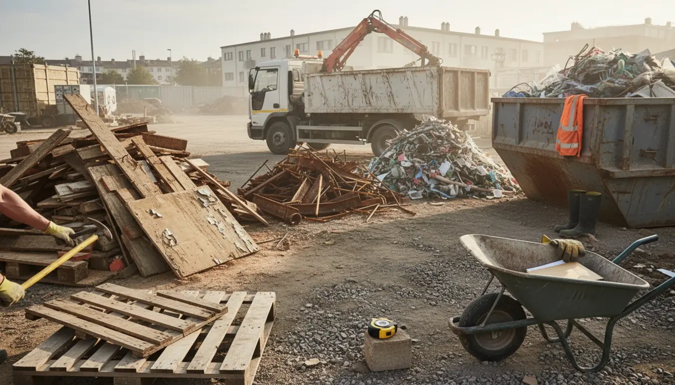 Opdelte bunker af metal, plast og træ ved en åben container klar til bortskaffelse.