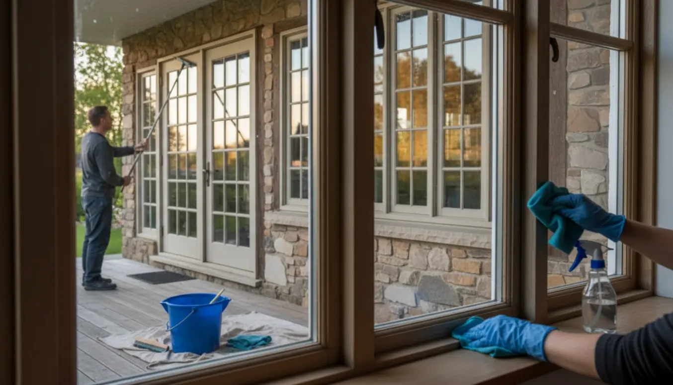 Hænder polerer sprossede vinduer og døre både ude og inde uden brug af stige.