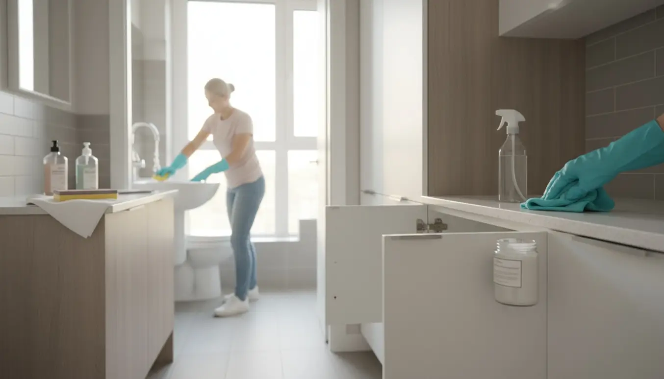 Handskerede hænder tørrer et åbent køkkenskab med afkalkningsmidler og slibematerialer på køkkenbordet i en lys lejlighed.