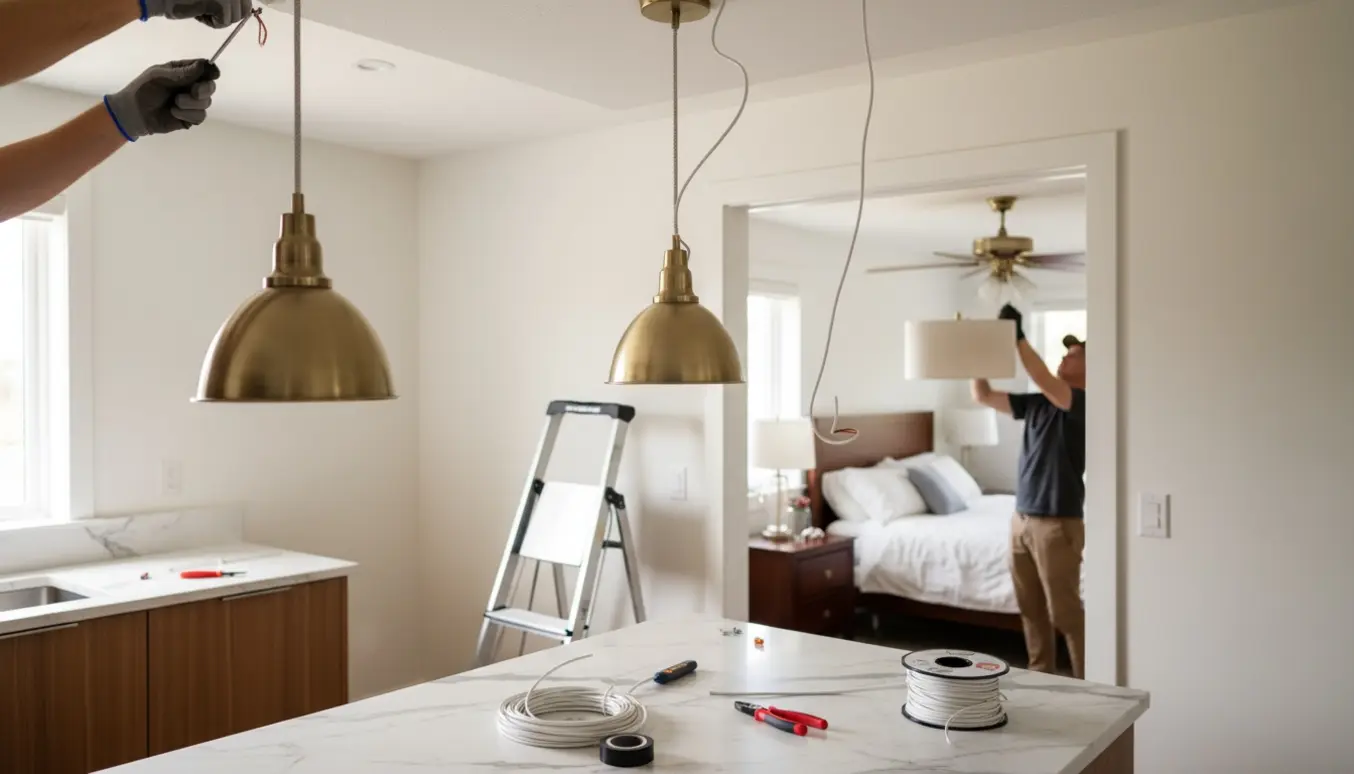 Hænder monterer to pendler over køkkenbordet, mens en gammel lampe i soveværelset tages ned.