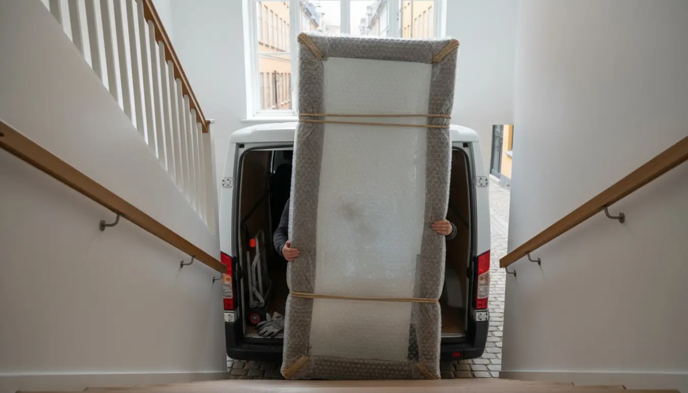 Et indpakket 180 x 90 cm spejl bæres op ad en lys trappe fra en varevogn, uden synlige ansigter.