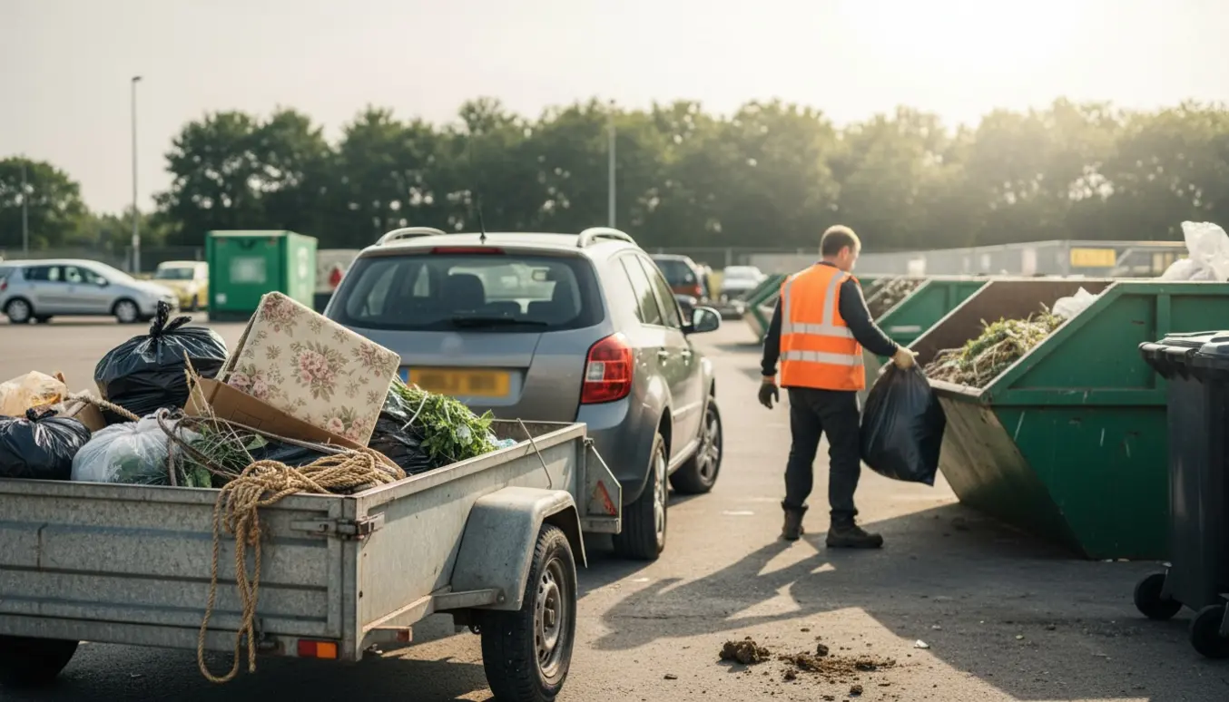 En trailer fyldt med affald ved en genbrugsplads, hvor en person set bagfra låser op og begynder at tømme den.