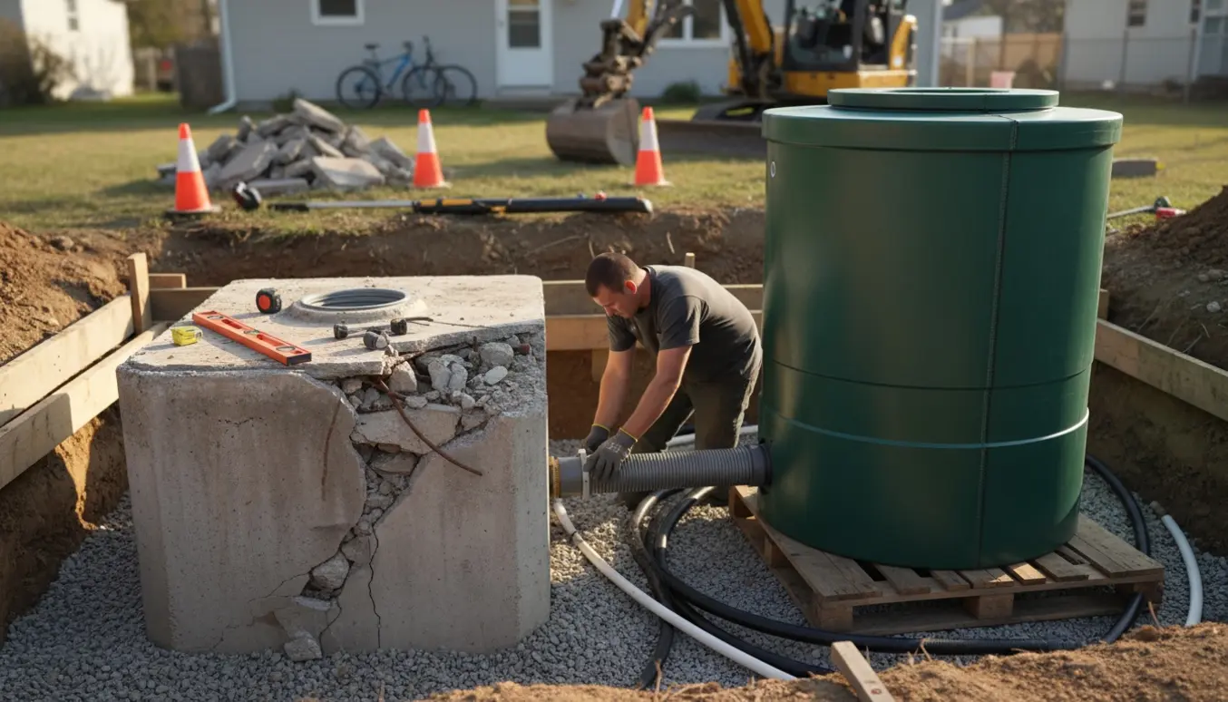 Åben udgravning i baghave hvor en gammel betonseptiktank udskiftes med en ny trixtank, håndværkerhænder og værktøj i fokus.