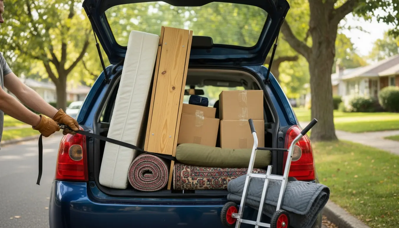 En bil ved fortovet fyldt med storskrald og en tralle klar til turen til genbrugsstationen.