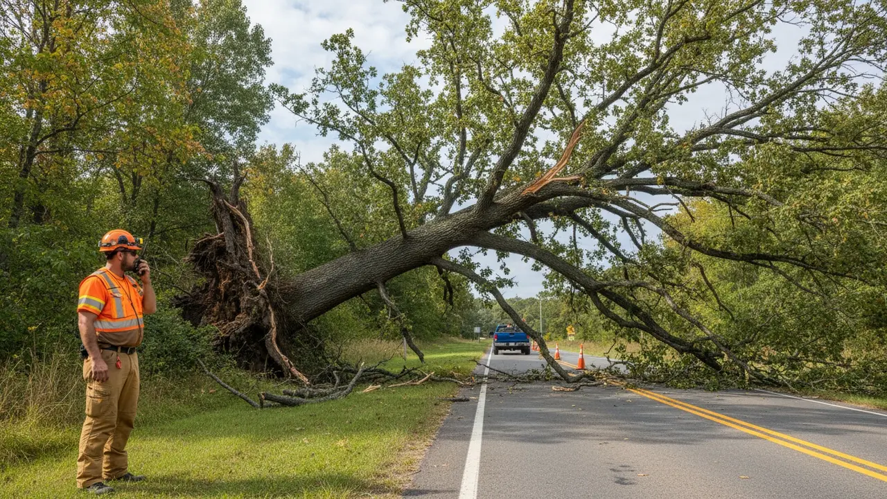 Advarsel: Faldende træ nær vej med person i sikkerhedsudstyr i sikker afstand