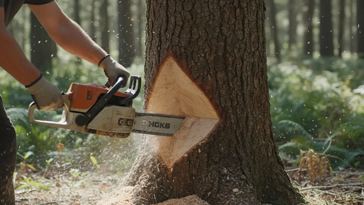 Nærbillede af retvinklet V-snits fældning med motorsav i træstamme