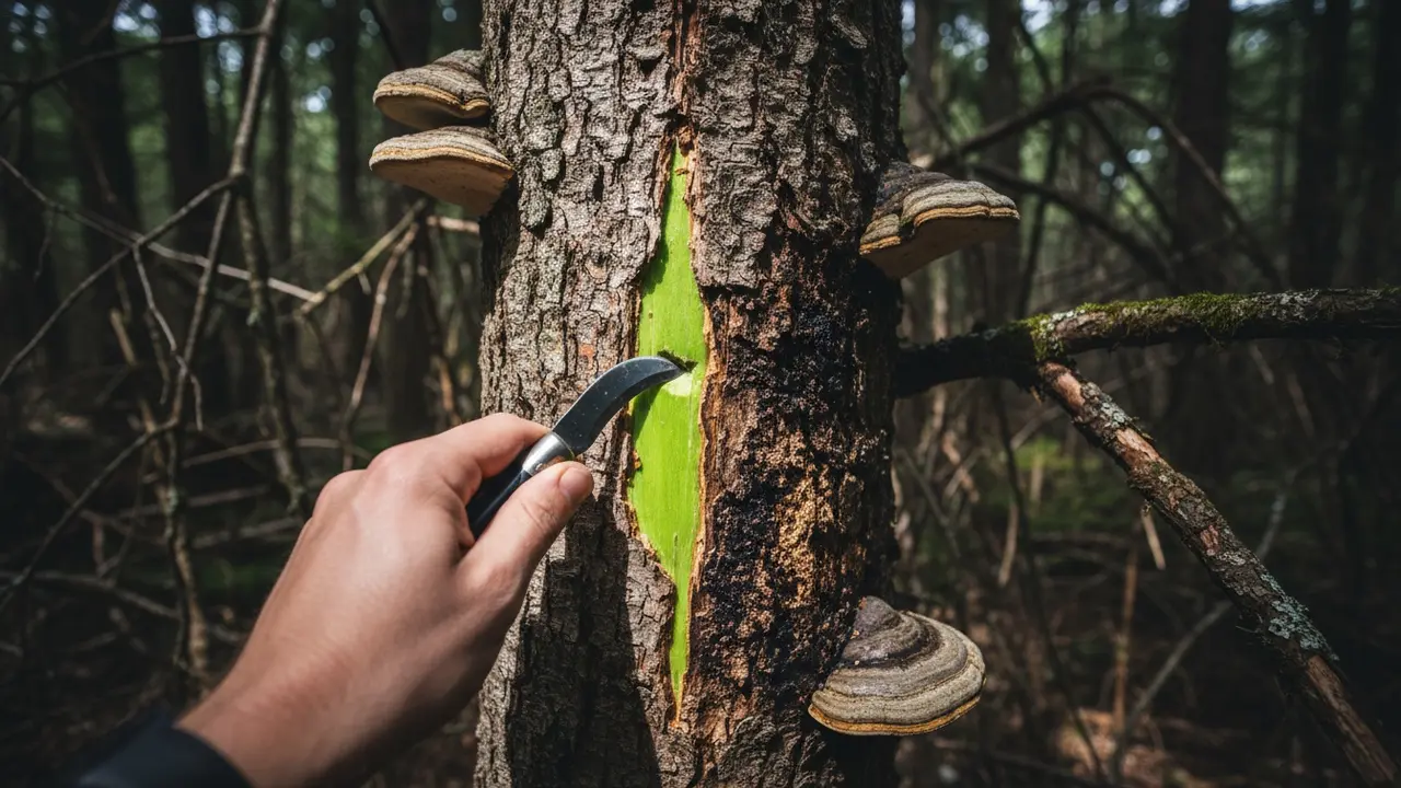 Skrabetest på træstamme viser grønt sundt væv og brunt dødt væv med svampe i baggrunden