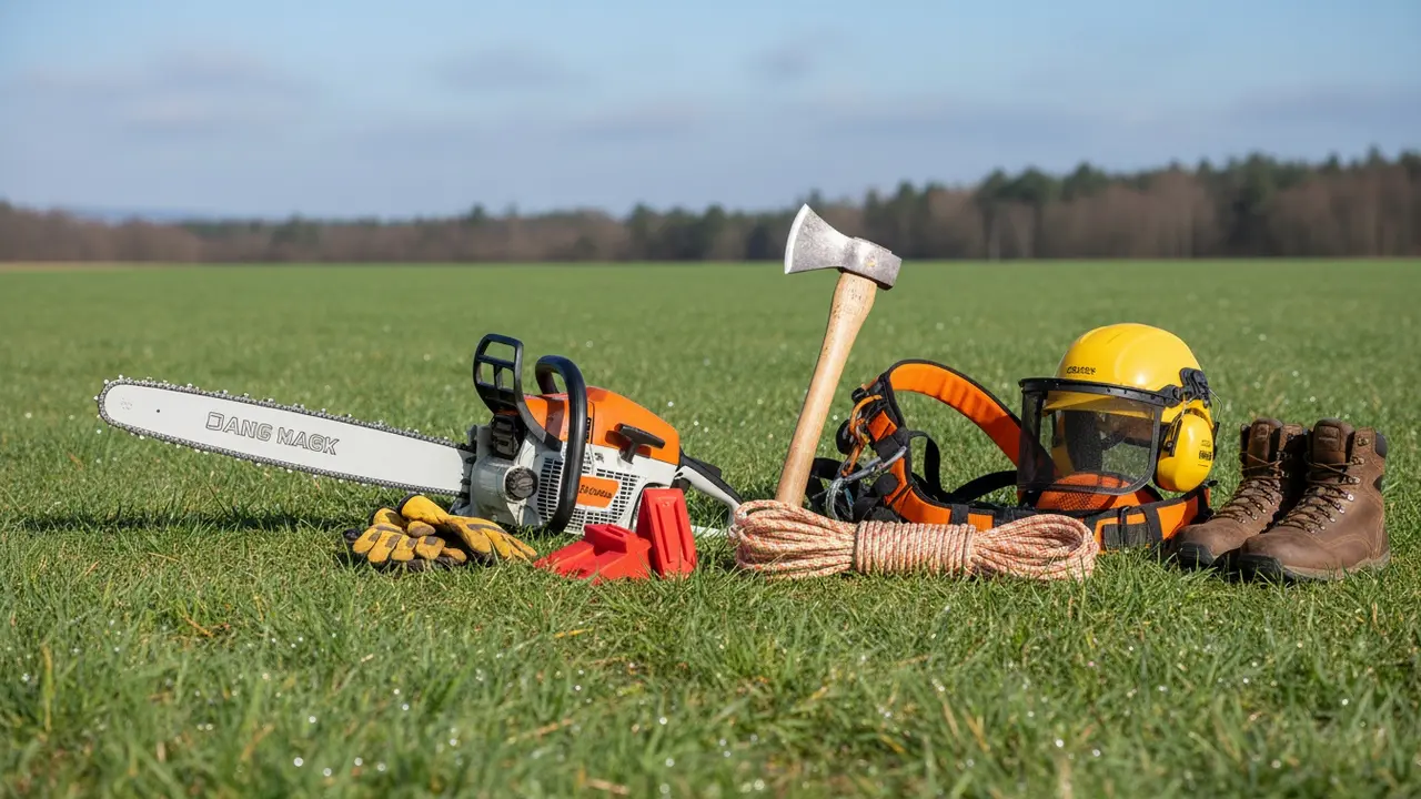 Oversigt over udstyr til træfældning: motorsav, økse, fældekiler, reb og sikkerhedsudstyr