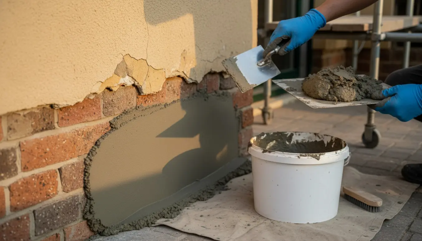 Nærbillede af reparation af revnet facade, hvor en hånd glatter frisk puds på sokkelen.