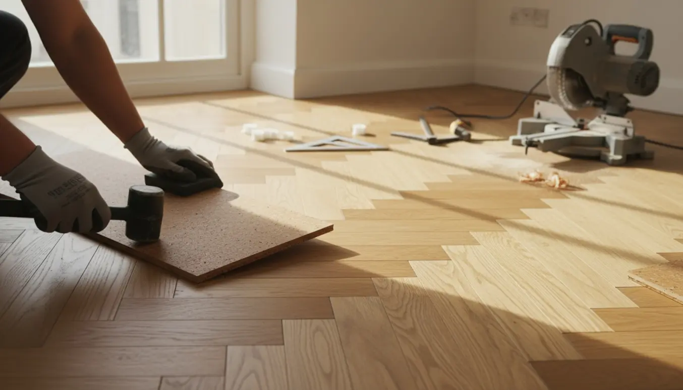 Håndværker lægger sildeben klikgulv med synlig korkbagside i et lyst rum.