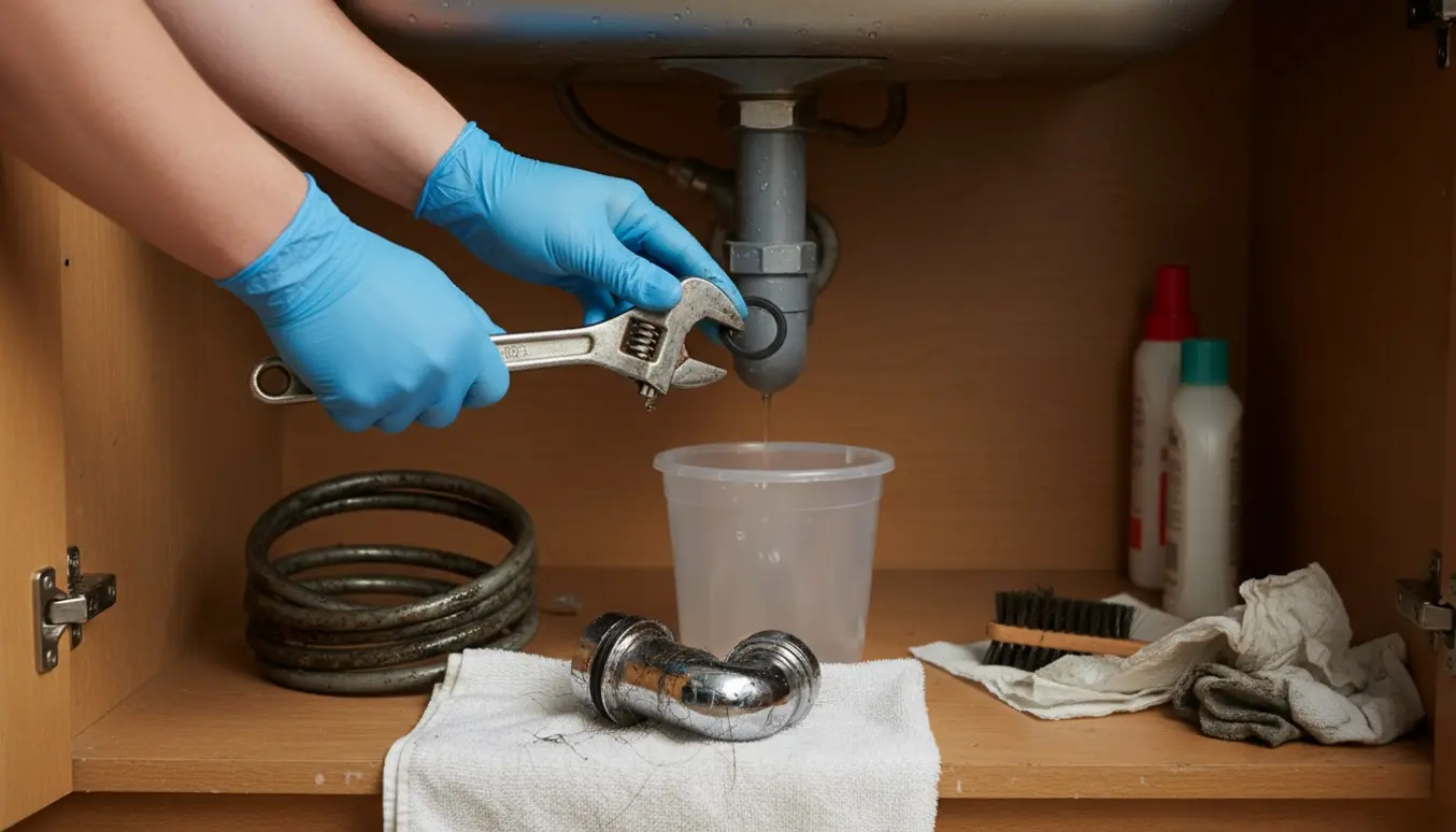 Nærbillede af hænder med handsker, der renser og tetter afløbet under en køkkenvask med skruenøgle, ny pakning og spand til lækagen.