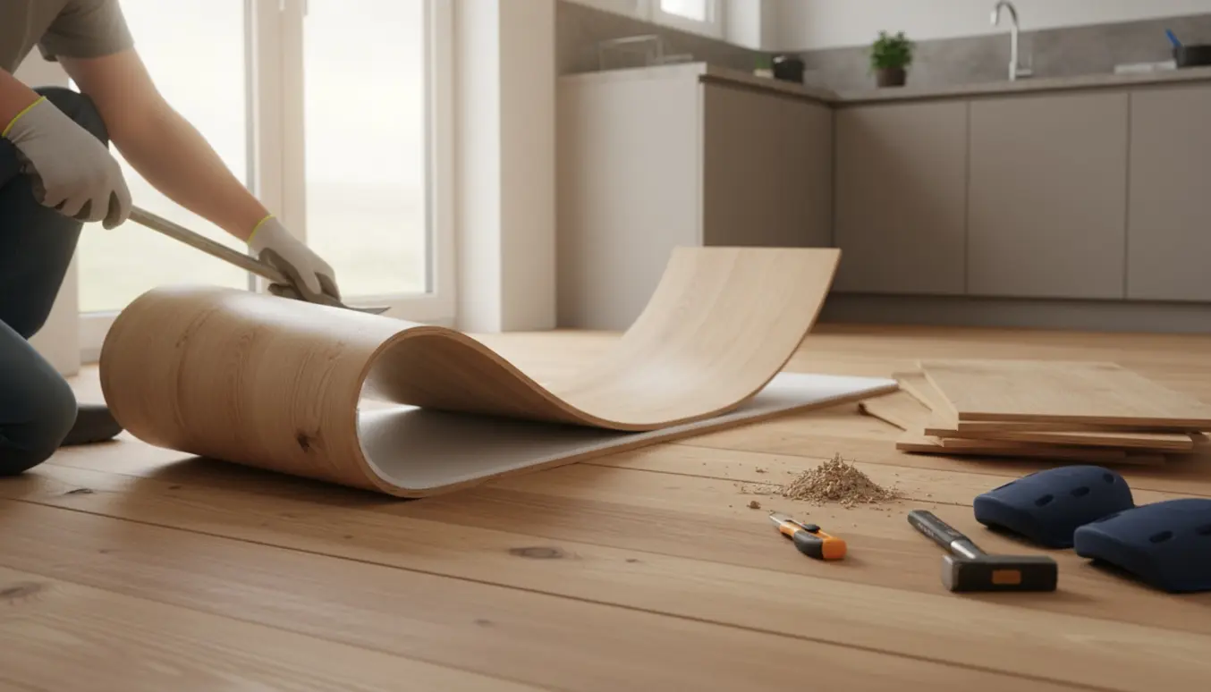 Hænder i arbejdshandsker fjerner laminat i et lille køkken og afslører et bøgetræsgulv.