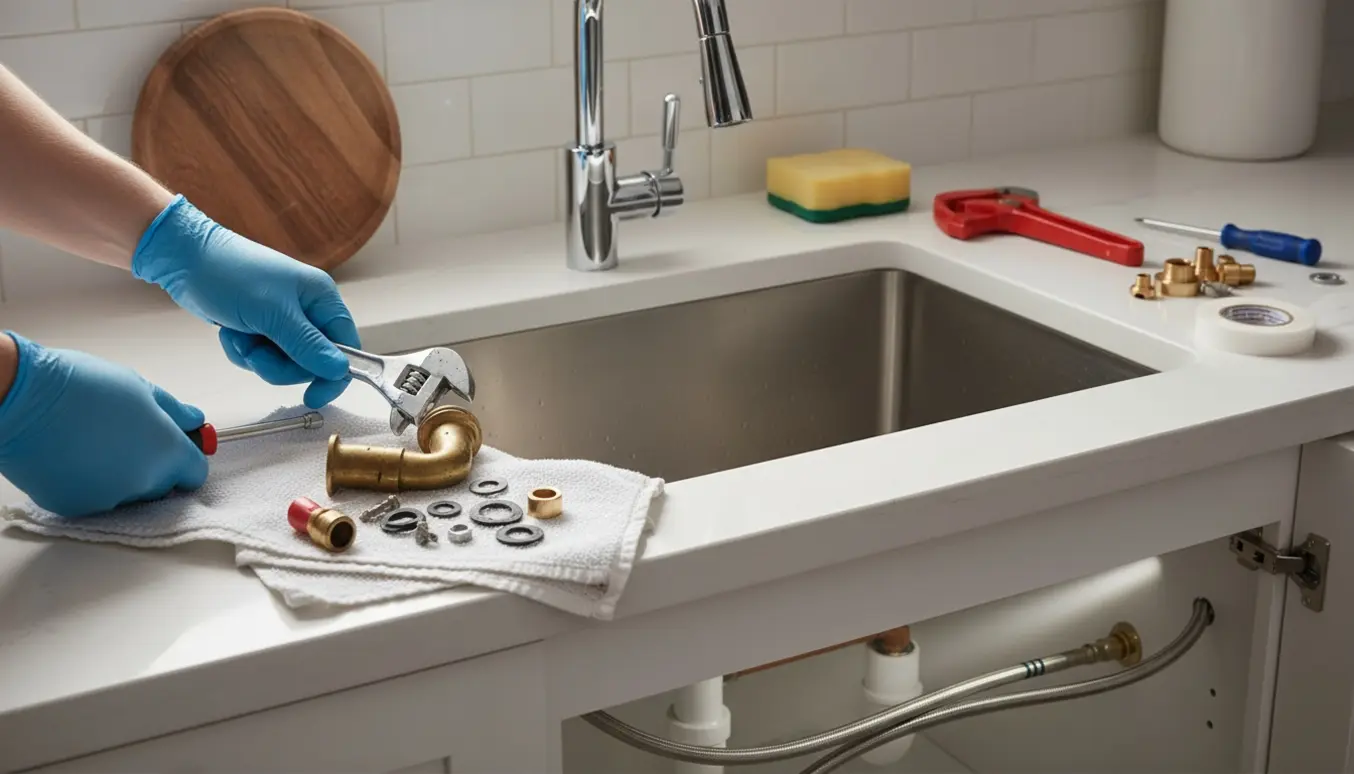 Hænder installerer en ny køkkenarmatur over en rustfri stålvask med værktøj og åbent underskab.