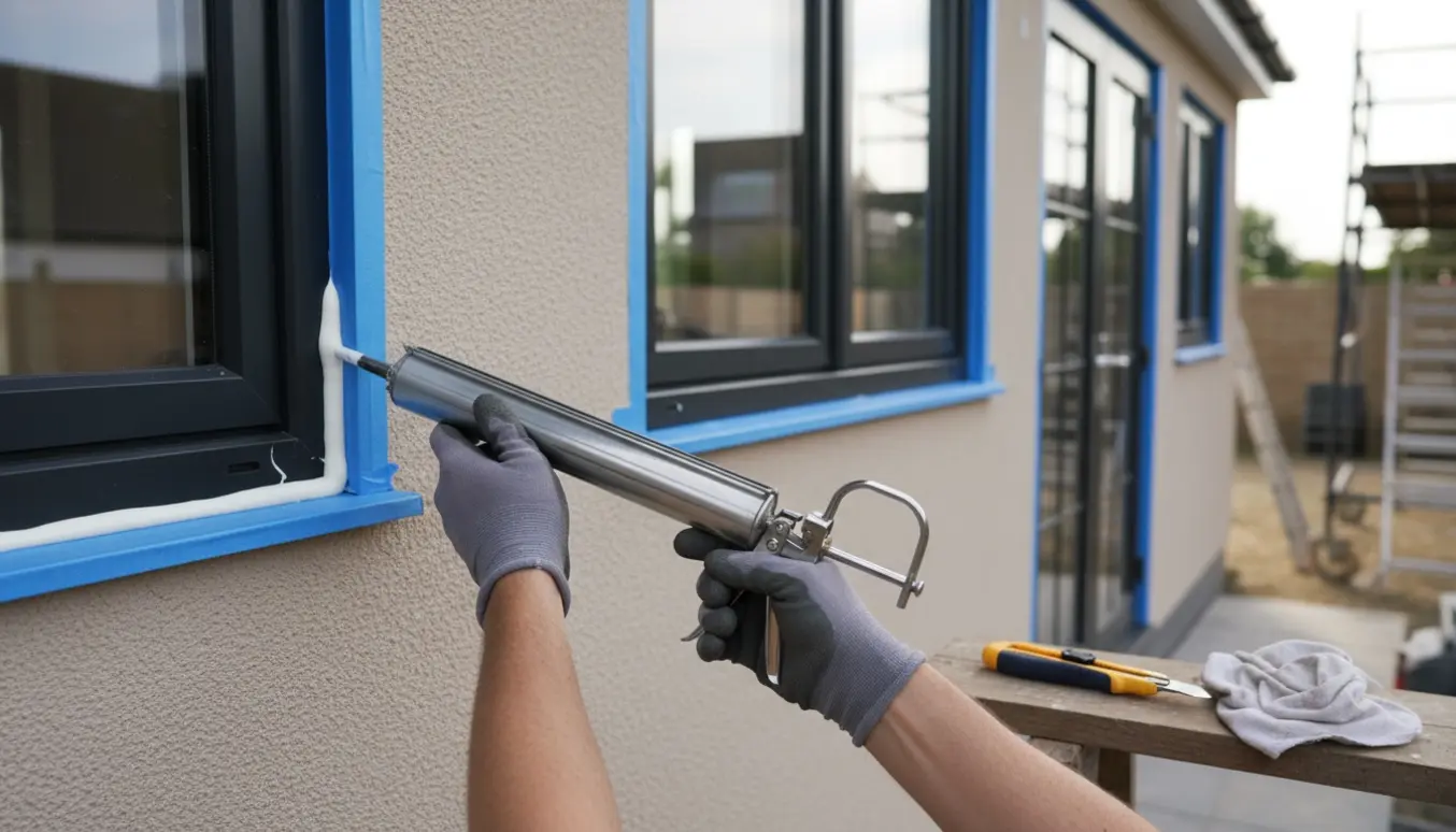 Nærbillede af hænder, der fugetætner et vindue på en ny tilbygning med fire vinduer og en glasfacadedør.