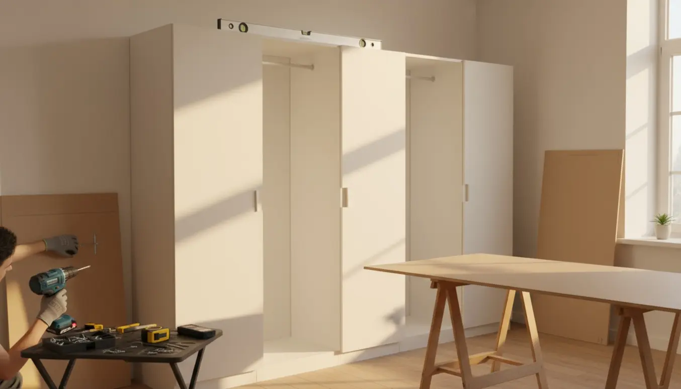 Fire garderobemoduler monteres mod en gipsvæg med boremaskine, mdf-plader og værktøj til at skabe en indbygget løsning.
