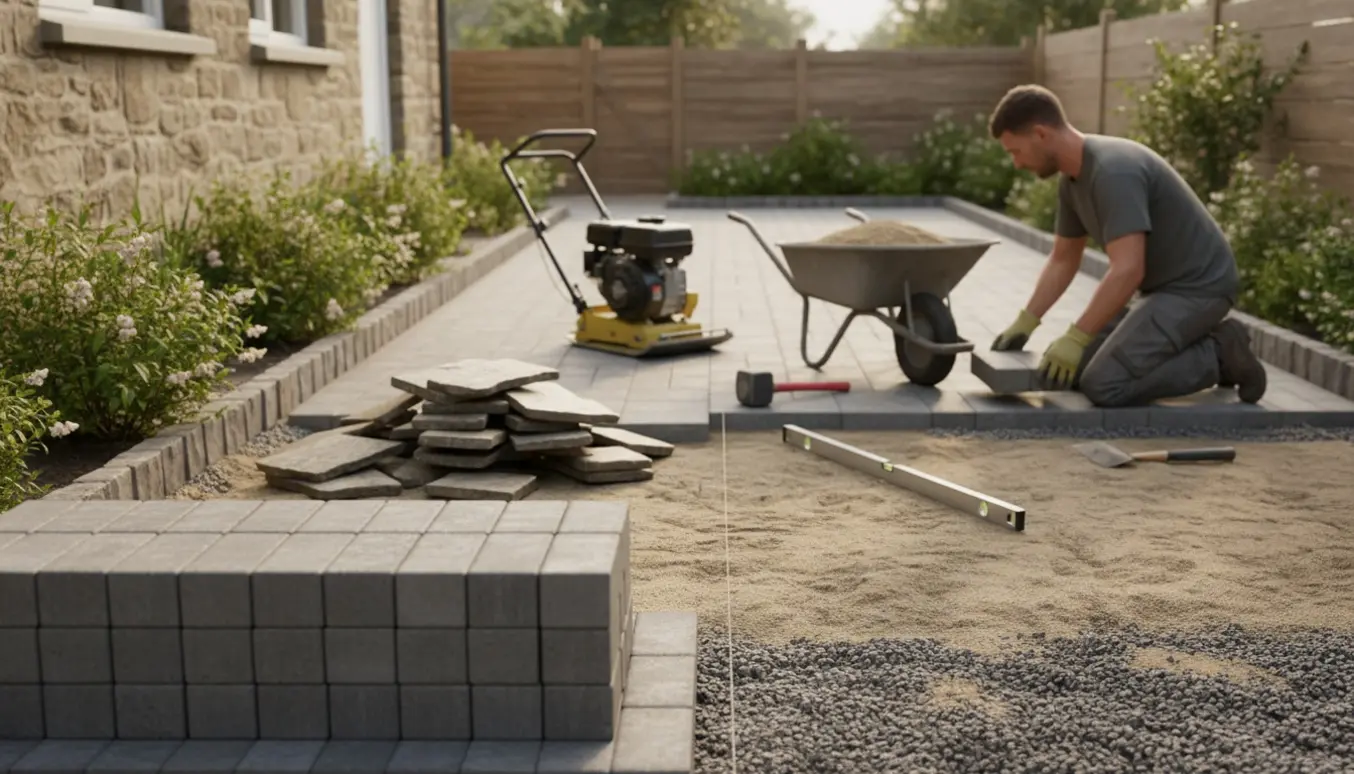 Gårdhave under flisearbejde med stablerede fliser, synligt bundlag og en arbejder set bagfra.