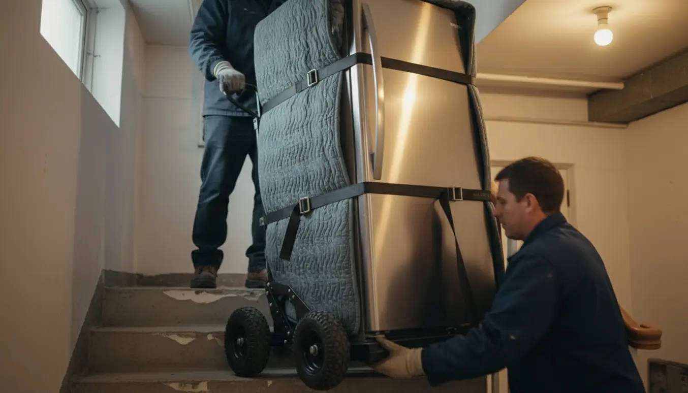 To flyttemænd fører et stort køleskab ned ad en kældertrappe med en trappetrolley, ansigter er ikke synlige.
