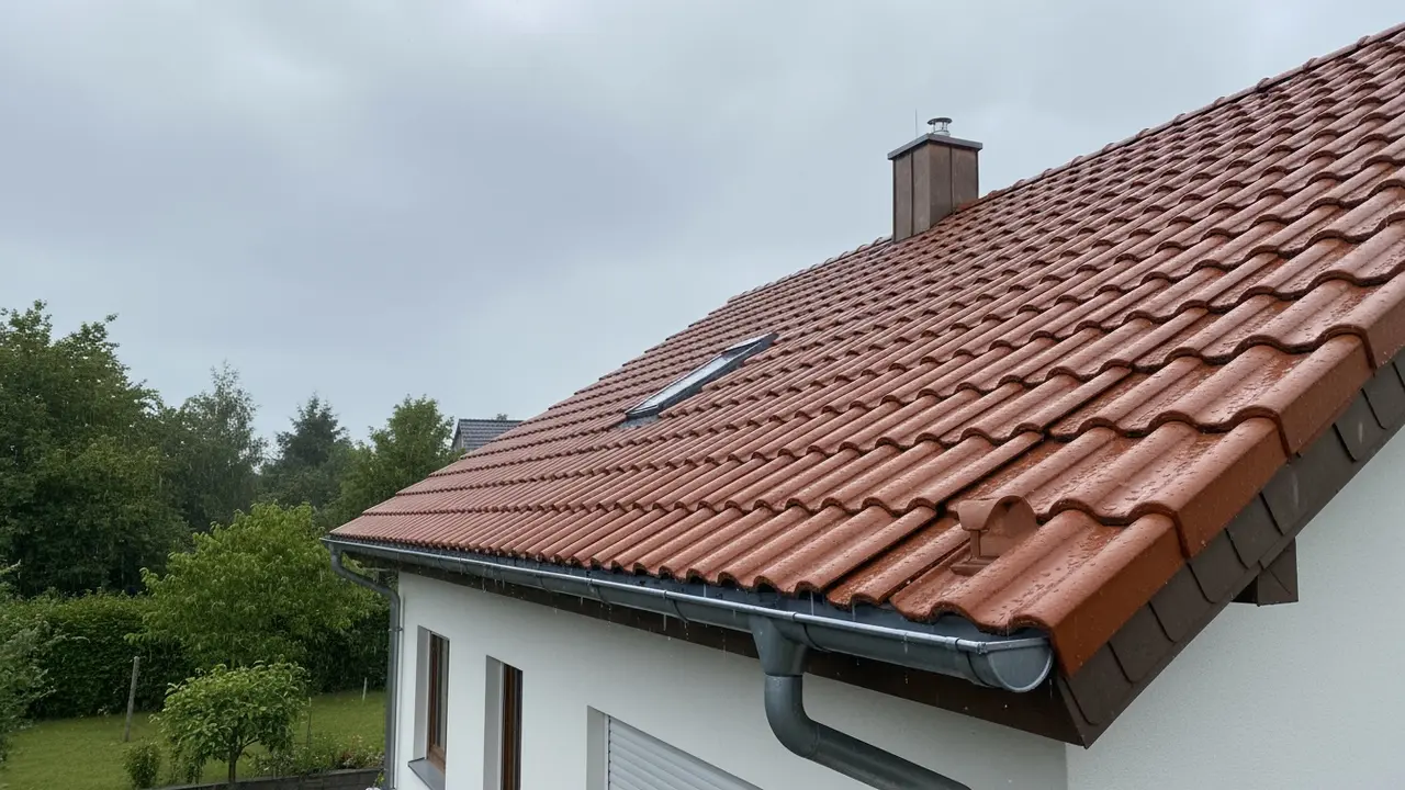 Hus med intakt tag i let regn, vandperler på tegl og rene tagrender.