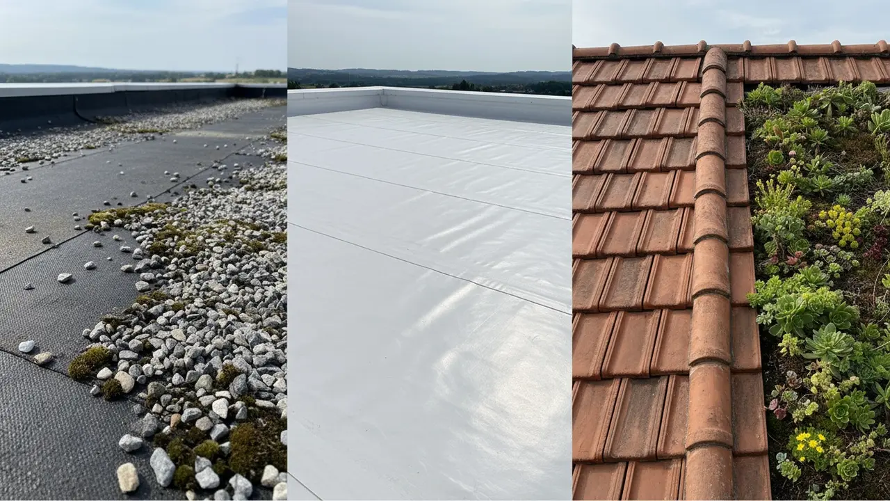 Oversigt over tagtyper: bitumen, PVC/TPO membran, tegl og et lille grønt tag.