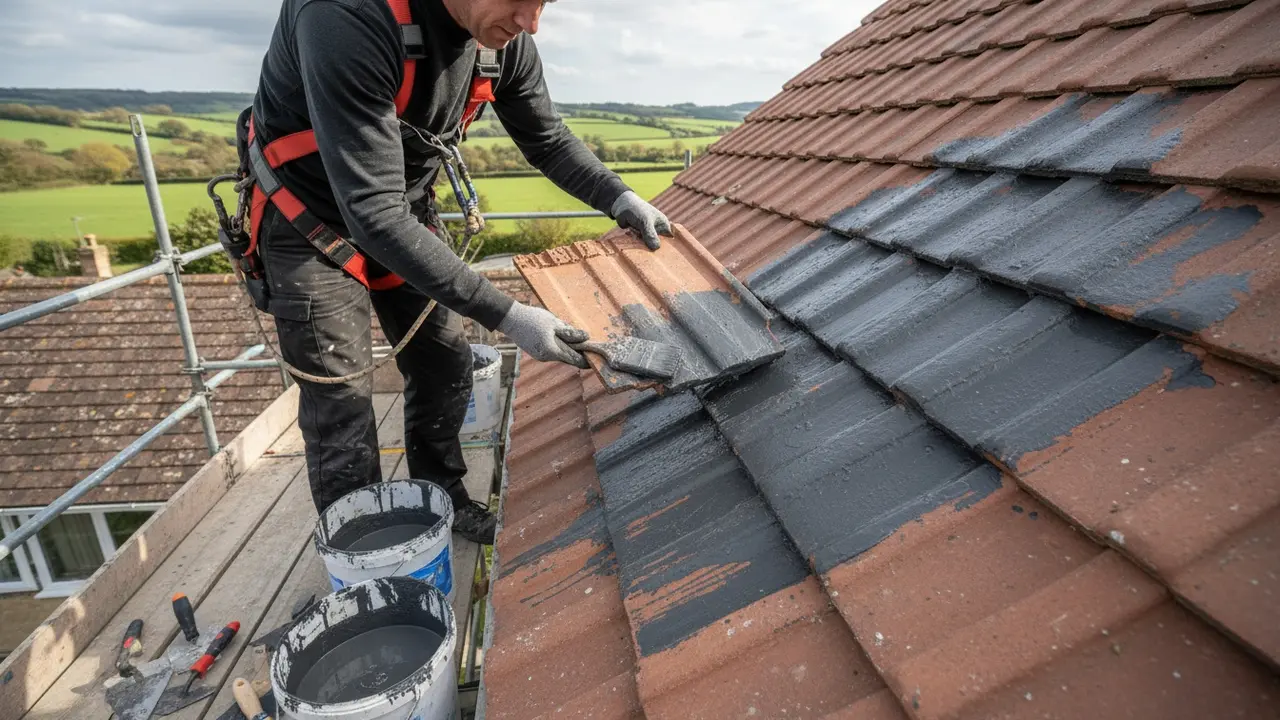 Tagdækker på stillads påfører beskyttende lag under tagtegl med pensel.