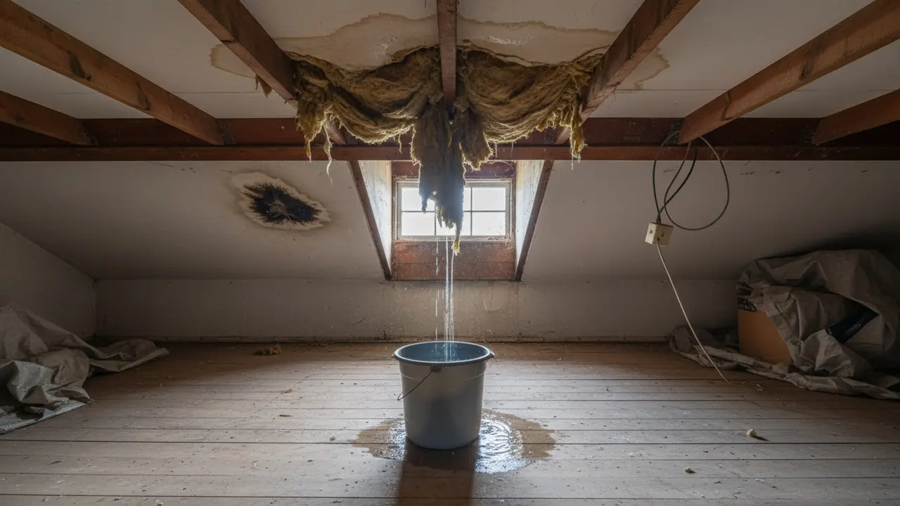 Loftlem/loft med vandpletter, fugtig isolering og balje til opsamling af dryp.