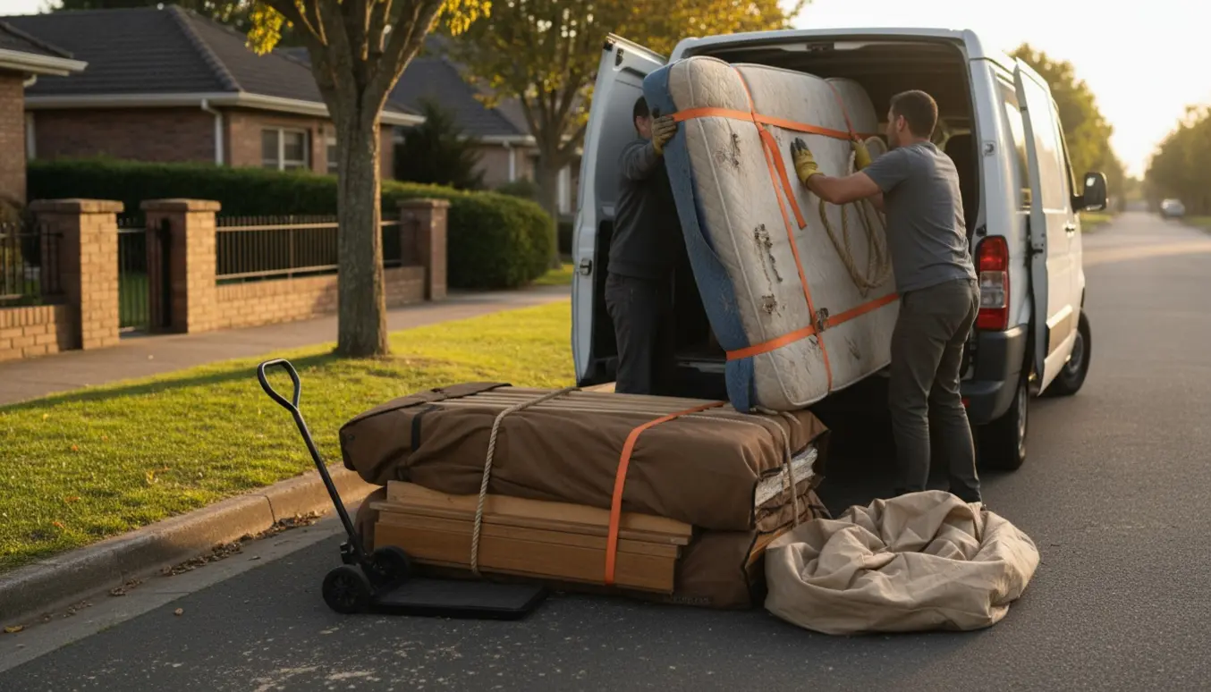 To personer læsser en gammel 120x200 cm seng ind i en varebil ved fortovet.