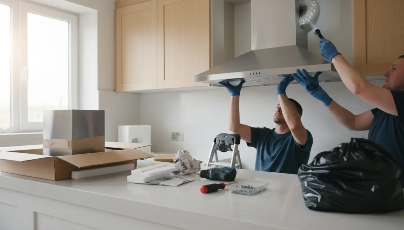 Udskiftning af en frithængende rustfri emhætte i et lyst køkken med værktøj og emballage ved siden af.