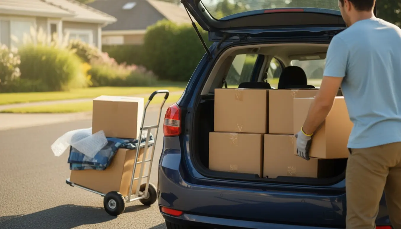 Åben hatchback med seks ubemærkede flyttekasser og en person, der læsser dem ind set bagfra.