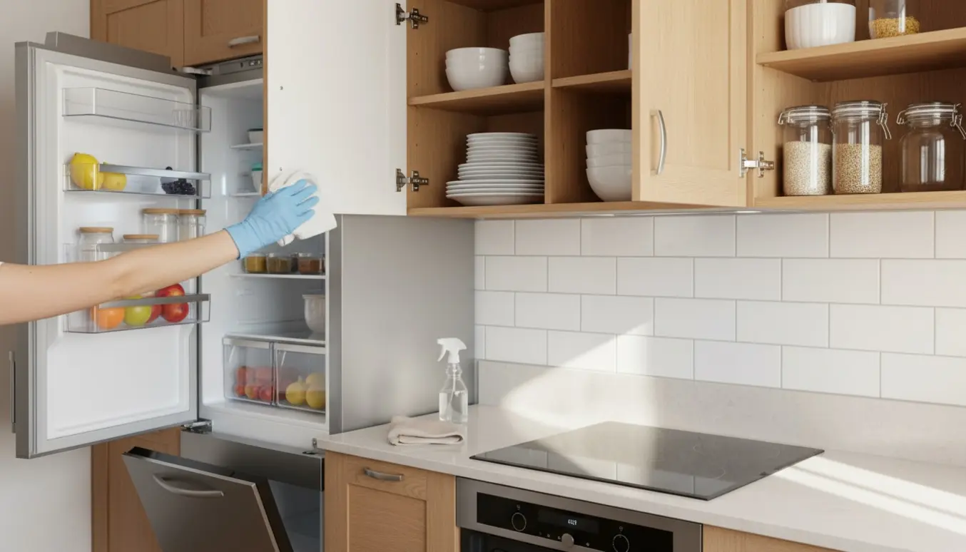 Rengjort og organiseret køkken med åbne skabe, et ryddeligt køleskab og en skinnende keramisk kogeplade.